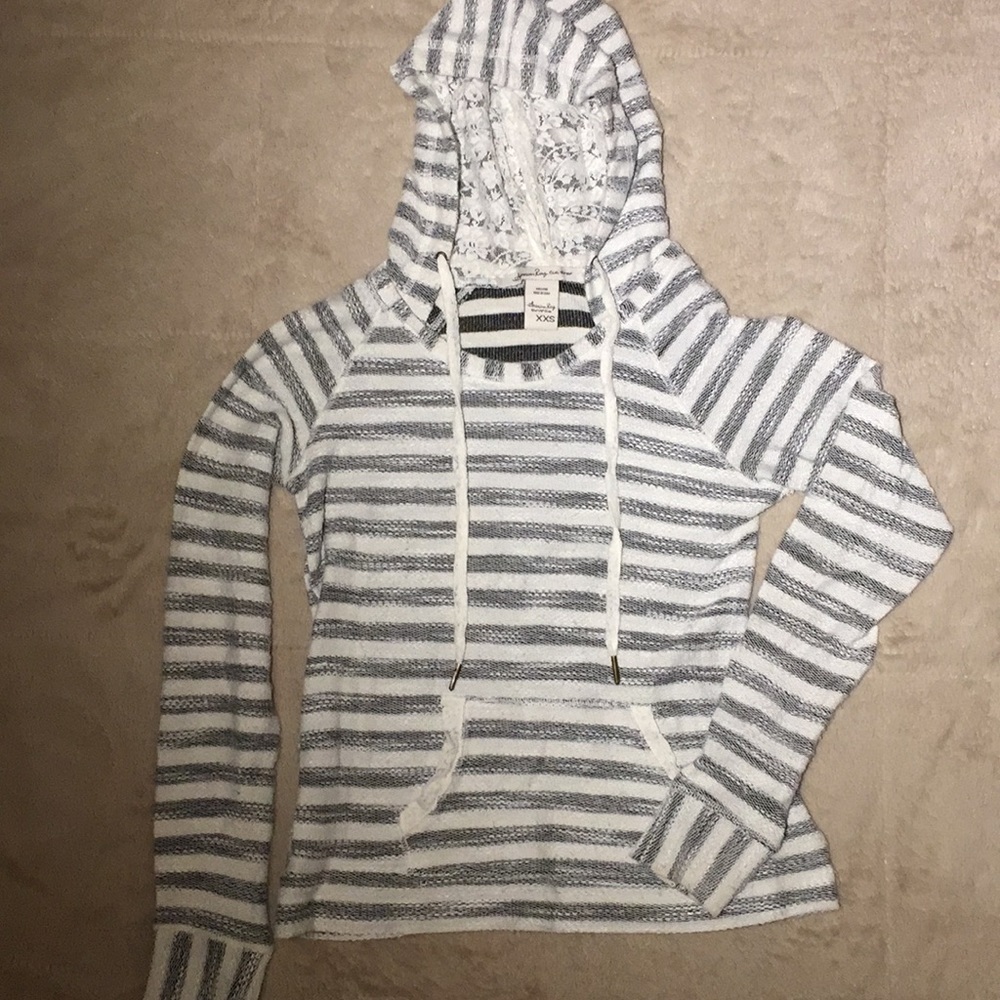 Striped and lace pullover sweatshirt